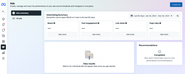 The Ads overview in Meta Business Manager. This screen shows an Ads Summary, including spend, reach, post engagement, link clicks, and page likes on paid campaigns run in the last 60 days.