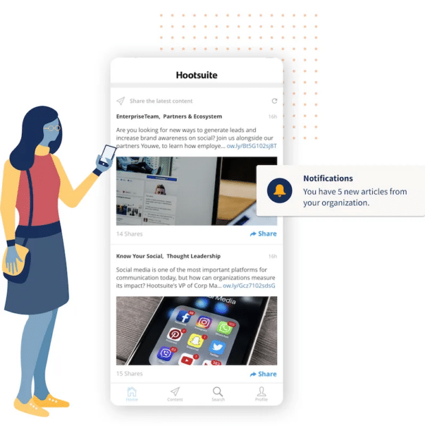 an illustrated graphic of an employee checking their phone and discovering 5 new organization-approved articles to share via Hootsuite Amplify