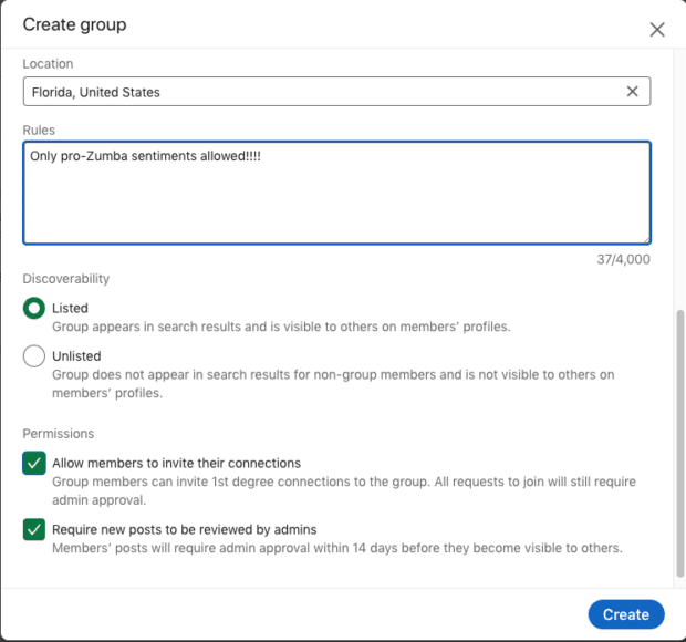 Create a group with discoverability and permissions for location rules