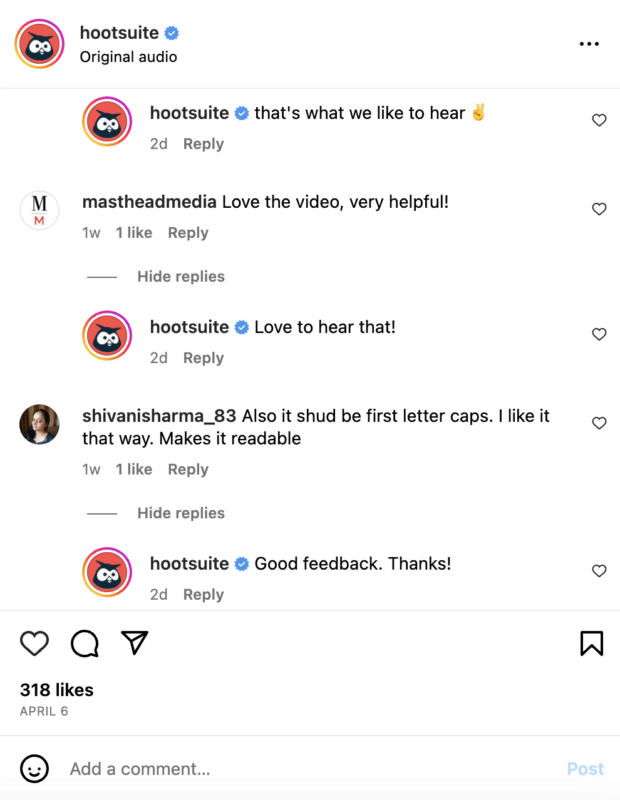 the hootsuite social media team replies to every comment