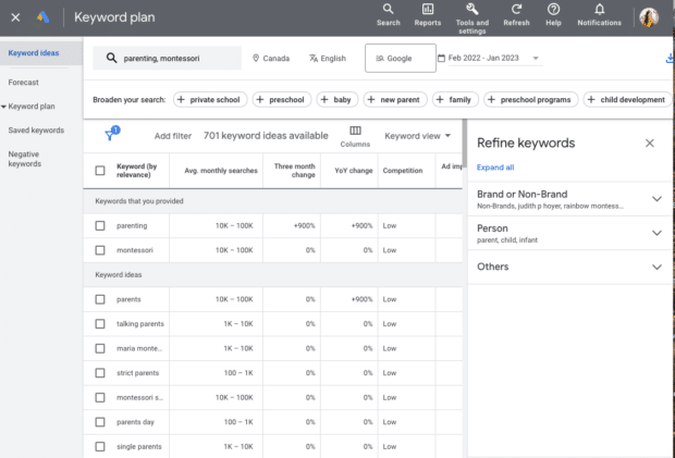 plan de palabras clave de Google