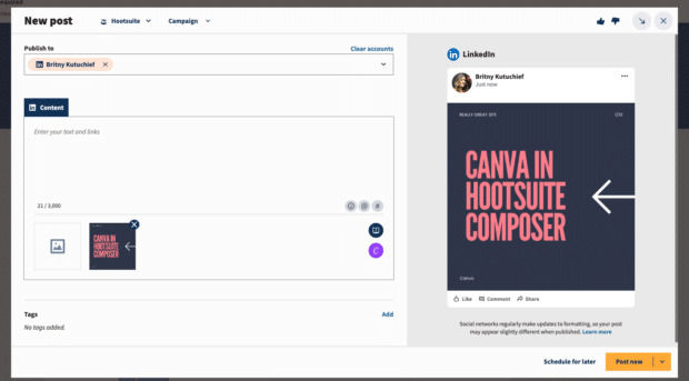 new post draft Canva in Hootsuite Composer