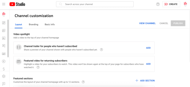 YouTube Studio channel customization layout