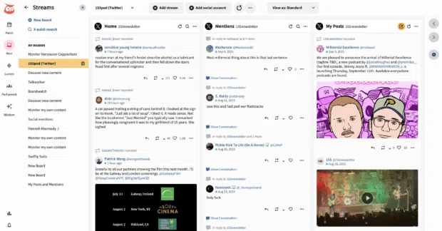 Nest by Hootsuite Streams showing an X/Twitter advanced search for social conversations about insurance.