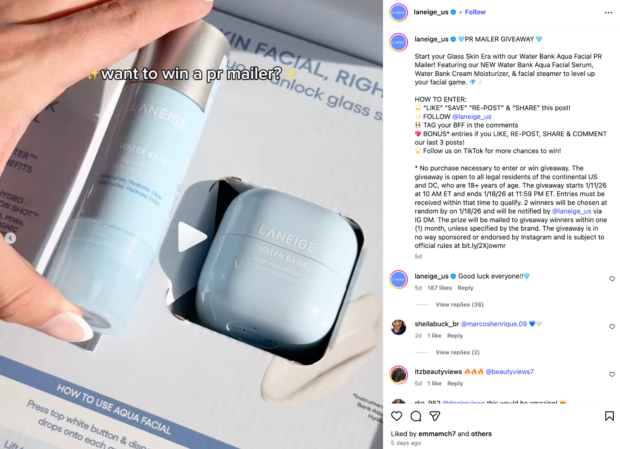 Instagram contest from Laneige that includes rules and regulations in the caption