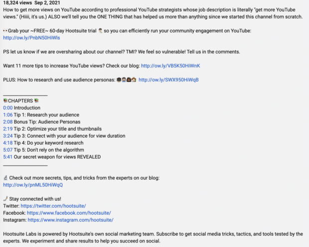 time stamps shown as chapters in hootsuite labs youtube video description