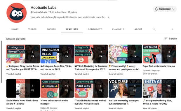 all hootsuite labs playlists shown on youtube