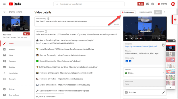tubebuddy a/b testing feature shown on youtube video