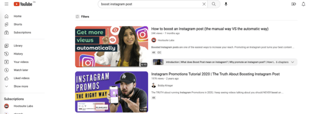 youtube search for boost instagram post showing hootsuite video as first result