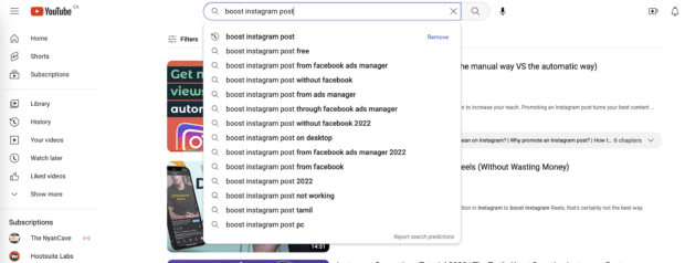 youtube search for boost instagram post showing other recommended keywords