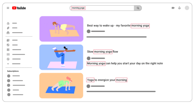 graphic showing keyword morning yoga shown in search bar and multiple youtube video titles and descriptions