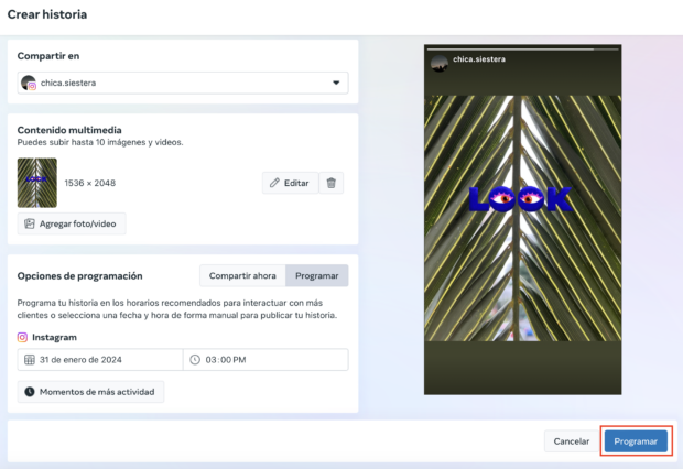 Programación de historias de Instagram en Meta Business Suite