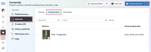 Ver y administrar la historia de Instagram programada en Meta Business Suite