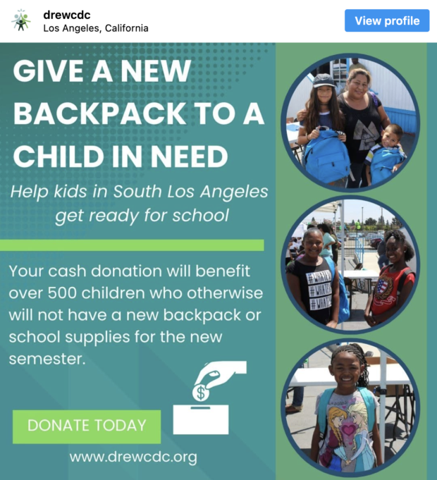 social media donation post example from Drew Child Development Corporation