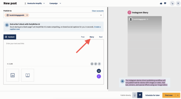 Using Hootsuite Composer to schedule Instagram stories