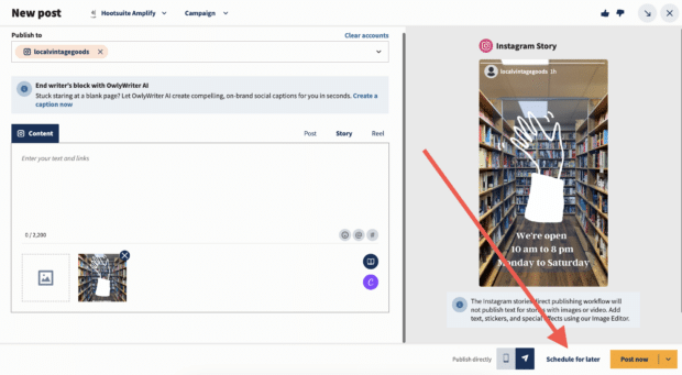 Planning an Instagram story in Hootsuite Composer