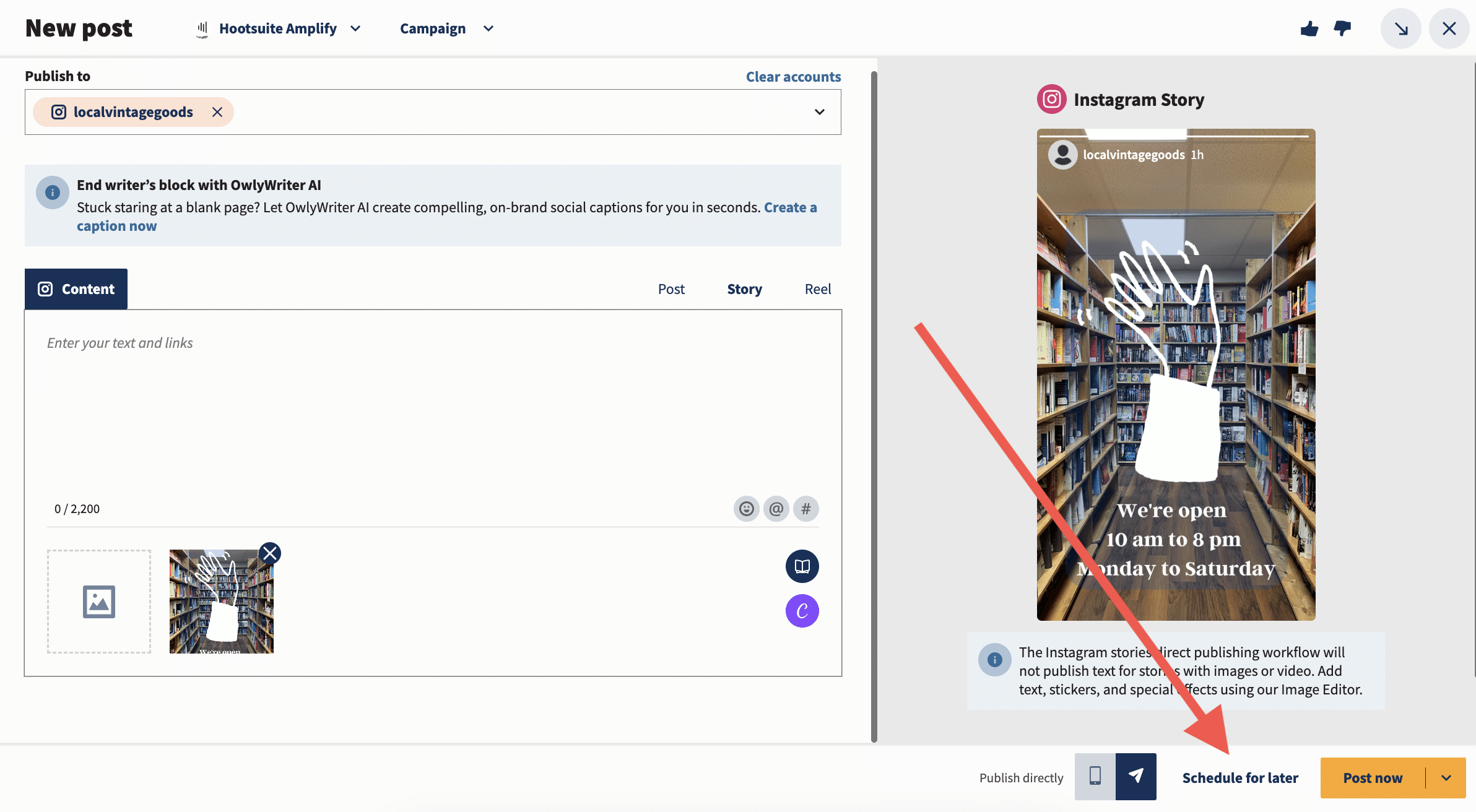 Scheduling an Instagram Story in Hootsuite Composer