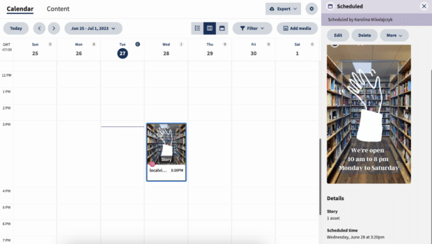 Vista de calendario de Hootsuite con historia programada