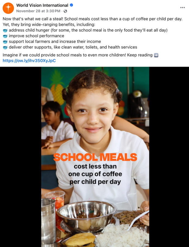 social media donation post from World Vision International