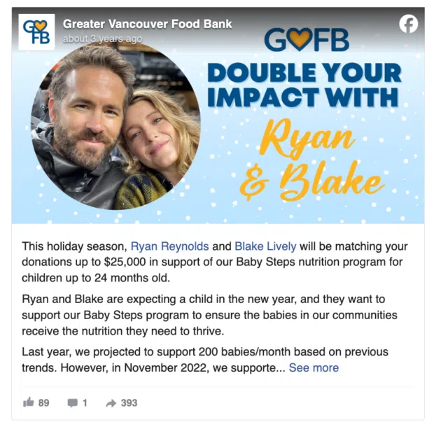 social media donation example from Greater Vancouver Food Bank