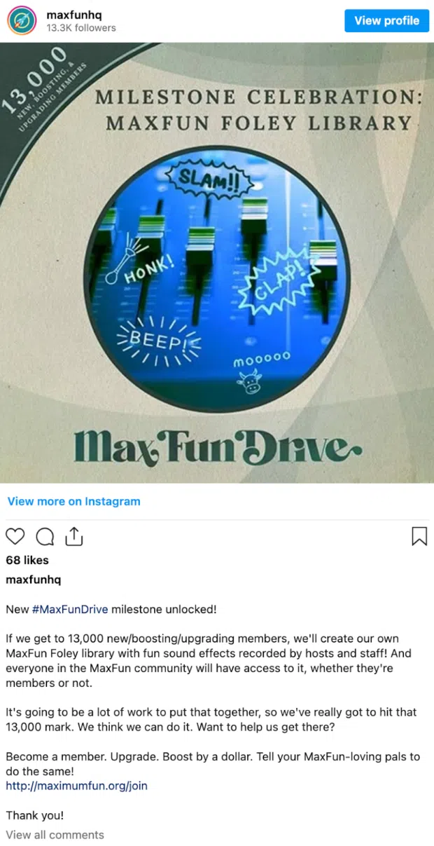 Maximum Fun social media donation post example