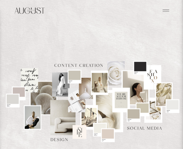 homepage of august media website showing beige moodboard