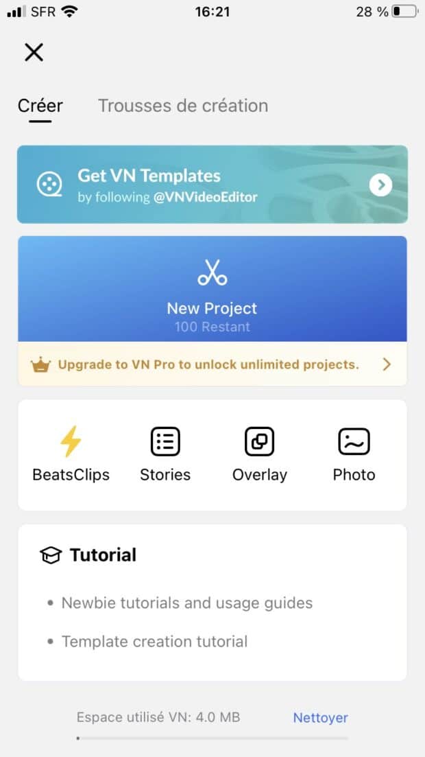 nouveau projet dans l’application VN Editor App