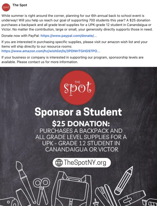 Social media donation post example from the spot