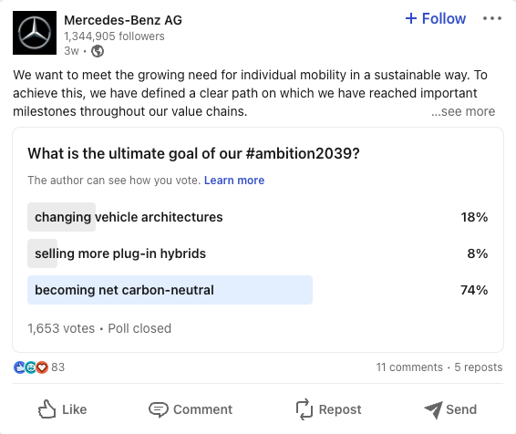 mercedes-benz tarafından yayınlanan ve yıllık hedefleri hakkında geri bildirim isteyen bir linkedin anketi