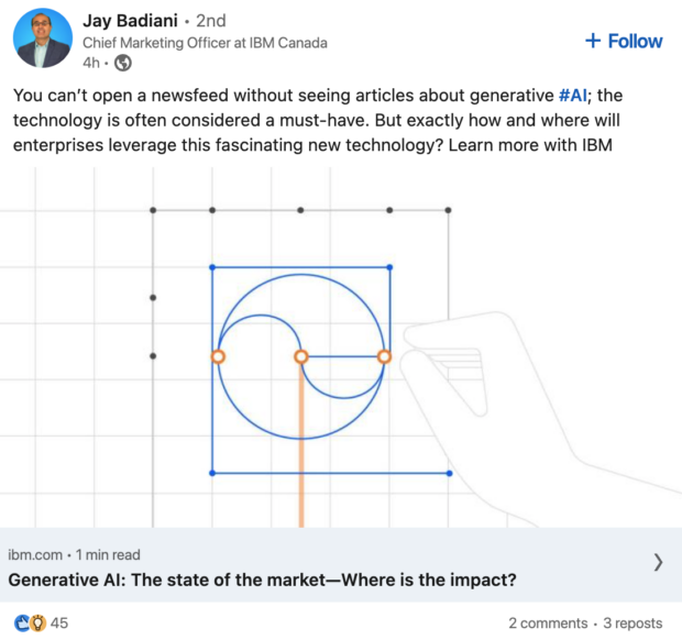 linkedin post from IBM CMO asking how enterprise companies can leverage AI