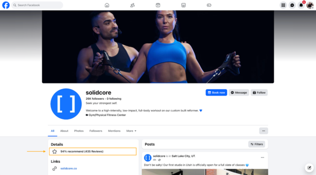 Facebook page for Solidcore showing a 94% recommendation rating