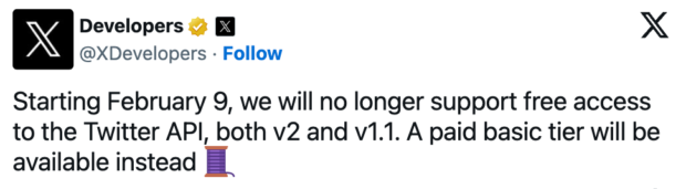 Tweet from the X Developers Twitter account announcing the end of free Twitter API access