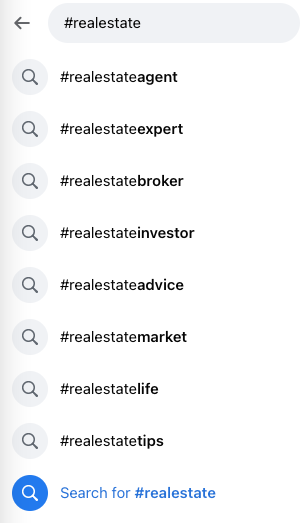 facebook results for the #realestate search, with suggested related hashtags listed