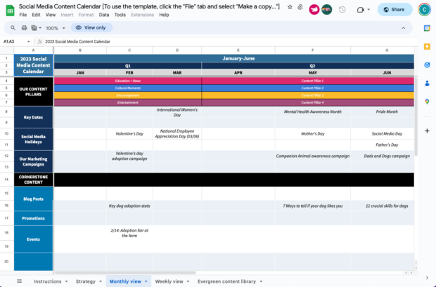 A simple Google Sheet template for a social media planning tool