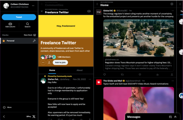 the XPro (formerly Tweetdeck) dashboard's columns can show your notifications, mentions, DMs, liked tweets, tweets on a specific topic or search term, and trending topics.