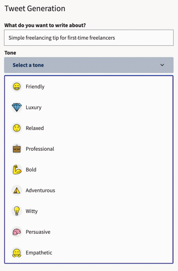 Hootsuite's OwlyWriter AI tool allows you to select your desired tone. The dropdown menu includes tones like friendly, relaxed, professional, bold, witty, and more