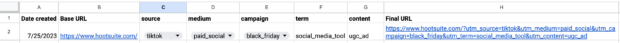 an example of a Google Sheet used to generate UTM tagged links