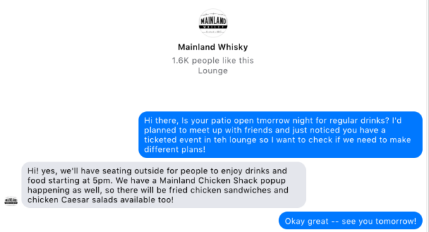 Mainland Whisky patio opening times chatbot