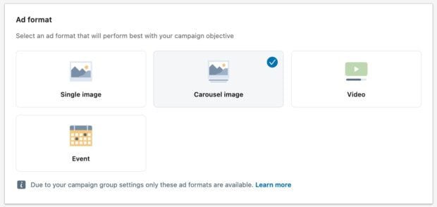 Selecting an ad format on LinkedIn