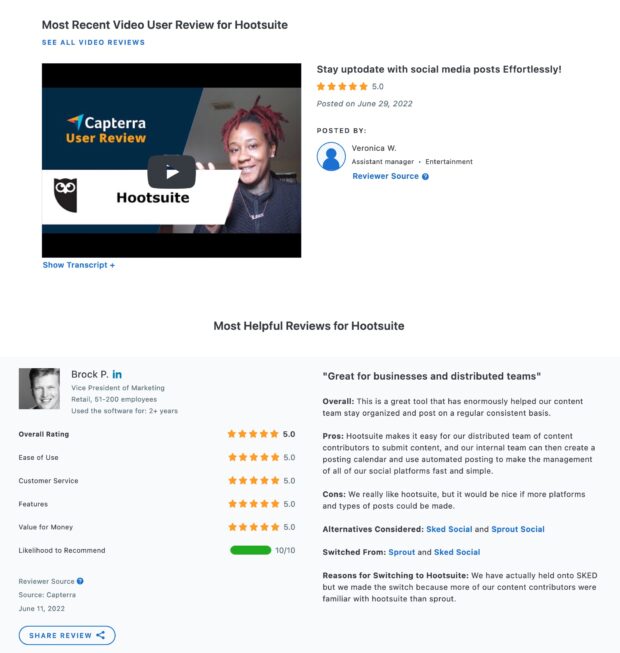 most recent video user review for Hootsuite via Capterra