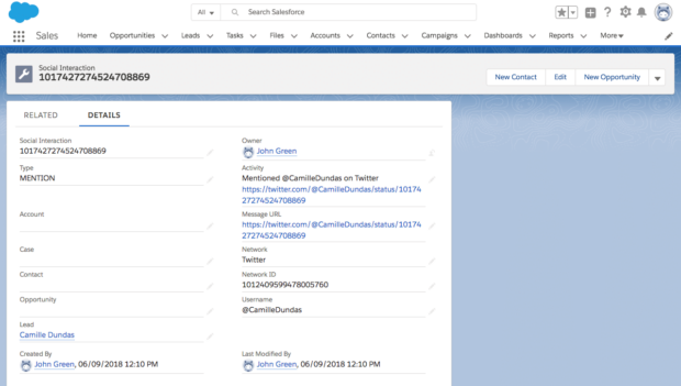 Salesforce overview with social interaction details