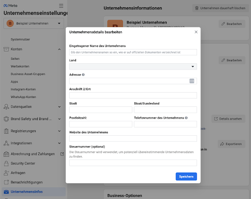 Unternehmensdetails im Business Manager erfassen