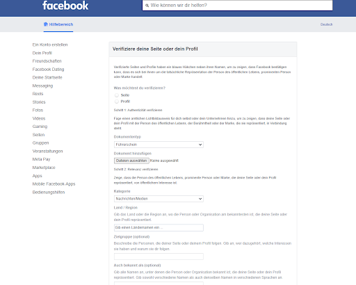 Facebook Hilfe-Center: Seite oder Profil verifizieren