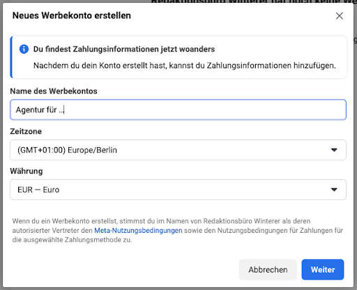 Neues Werbekonto auf Meta (Facebook) erstellen