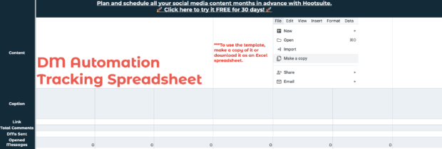 Visual of Hootsuite's free DM automation tracking spreadsheet