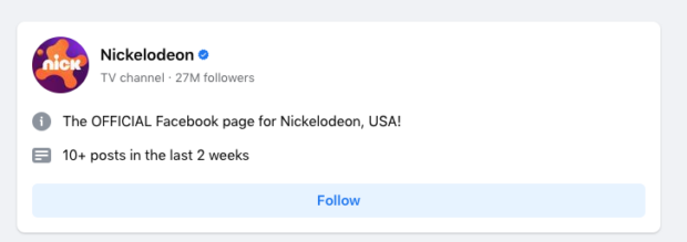 Facebook Business Page for Nickelodeon USA