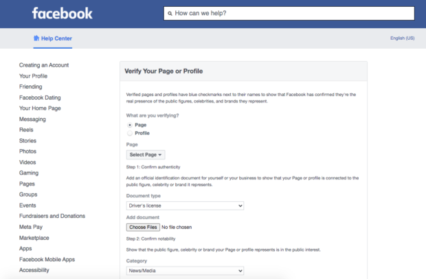 Facebook Help Center verify your page or profile