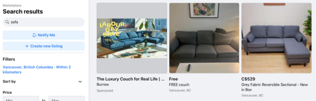 Marketplace search results sponsored ad for luxury couch