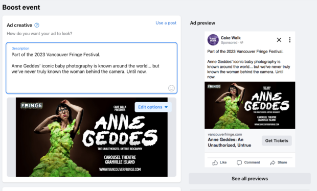 Facebook boost post option Vancouver Fringe Festival