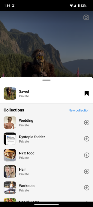 choose collection to save to or create new collection - How to find your Instagram Reels History